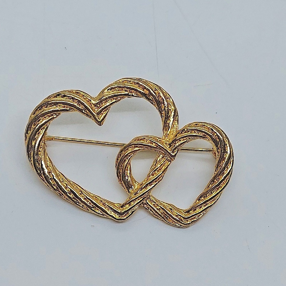 Vintage Gold Tone Double Hearts Brooch